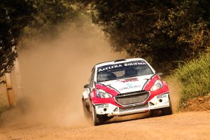 O Peugeot 208 Maxi Rally da equipe Acelera Siriema se deslocando na direção da câmera, deixando um rastro de poeira por trás. A imagem está levemente inclinada para a esquerda