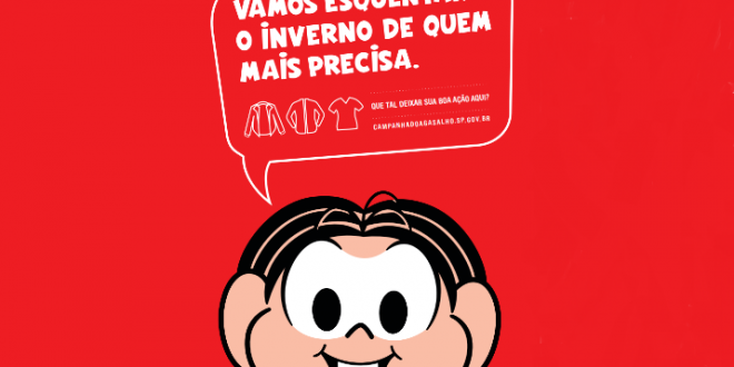 uma imagem da Mônica, da Turma da Mônica, convidando o leitor a esquentar o inverno de quem mais precisa