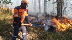 agente da Defesa Civil de  Santana de Parnaíba em combatendo um foco de incêndio