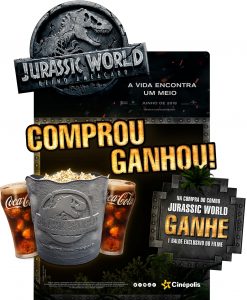 cartaz promocional do balde exclusivo da Cinépolis para o filme Jurassic World: Reino Ameaçado