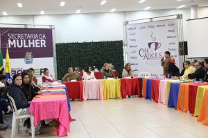mulher discursa para o público no Chá de Alices