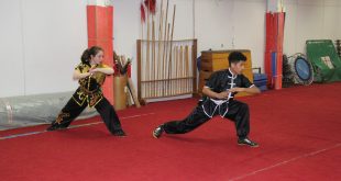 dois atletas de kung fu praticam movimentos