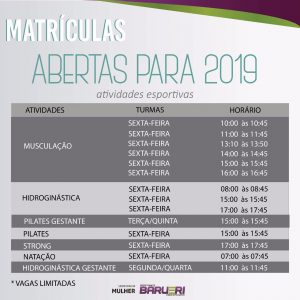 cartaz com informações das Atividades Esportivas da Secretaria da Mulher de Barueri para o ano de 2019