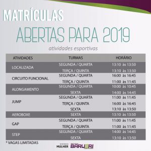cartaz com informações das Atividades Esportivas da Secretaria da Mulher de Barueri para o ano de 2019